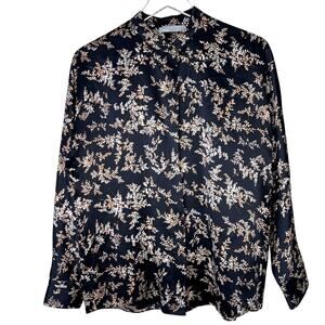 Vince Eden Branch Popover Blouse 100% Silk V-Neck Black SMALL Long Sleeve